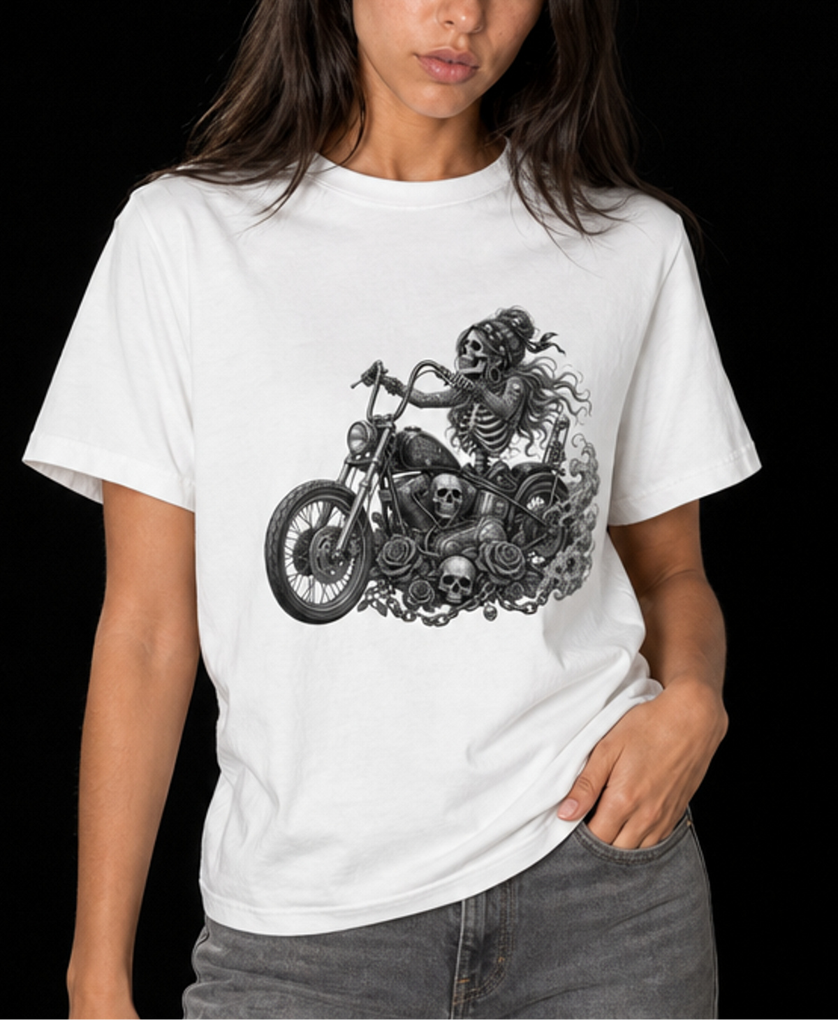 Skeleton Biker Chick-Dame Premium T-Skjorte